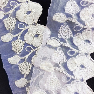 White Tissue Fabric Trim With Embroidered Flowers, One Yard Lace Trims,